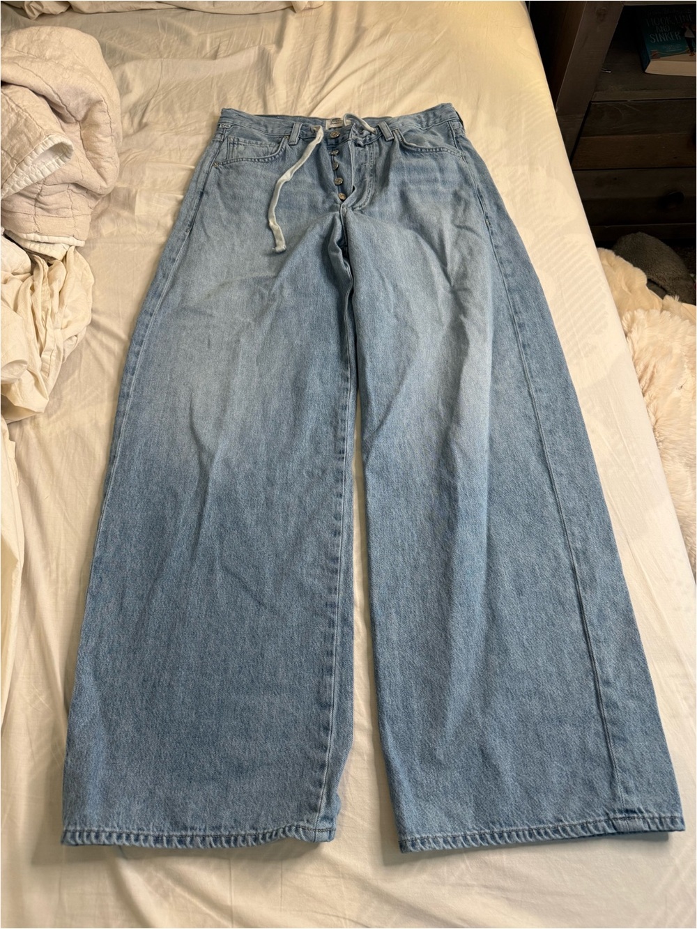 Wide Leg Light Blue Women's Jeans with Drawstring Waist - Picture 3 of 6